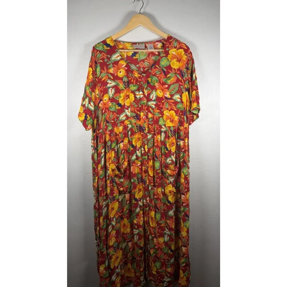 Women’s Cabernet Vibrant Summer Floral Size 1X Button Blouse BeltTie Maxi Dress - Picture 1 of 11